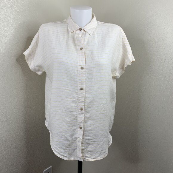 Cynthia Rowley Linen Blouse Womens Sz XS Short Sleeve Button Front Yellow Stripe - Picture 2 of 6